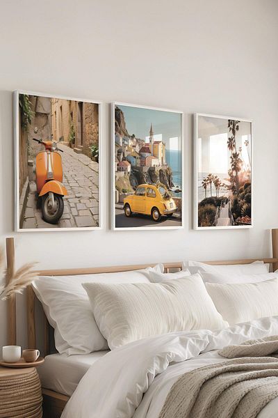 Postifull Set de pictură cu cadru alb, pictură murală Vespa și excursie, set de 3 postere, nr:300701