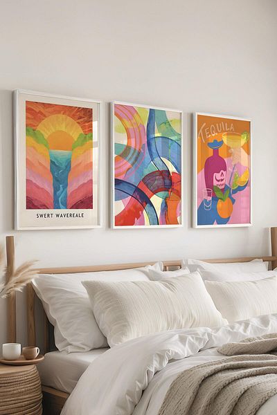 Postifull Set de pictură cu cadru alb, pictură colorată de perete pentru bucătărie, set de 3 posteri, nr:300780