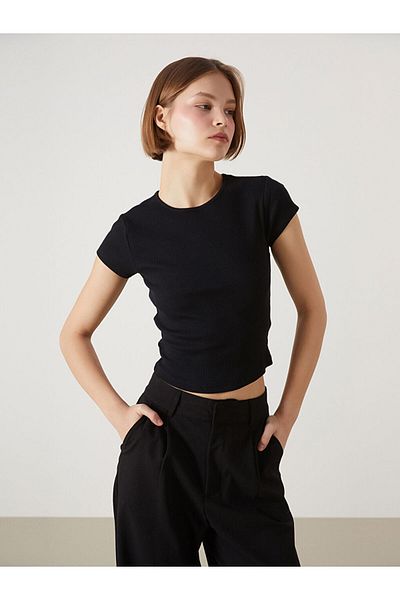 LC Waikiki Xside Black Crew Neck Textured Women's Crop