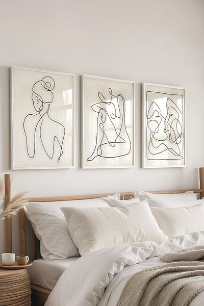 Postifull Set de pictură cu cadru alb, pictură de perete cu figură feminină desenată manual, set de 3 posteri, nr.:300776
