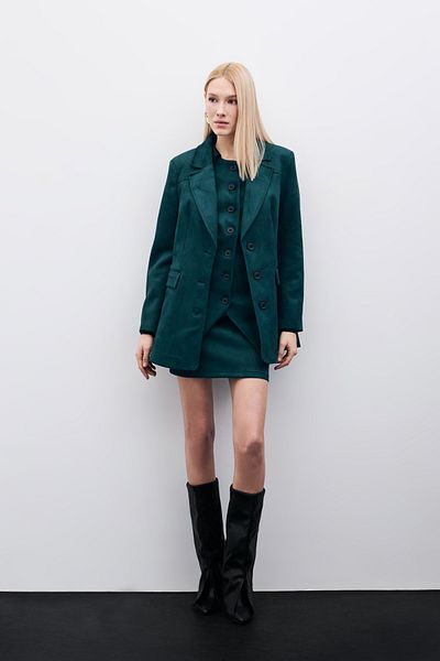 Sateen Buttoned Suede Jacket - Emerald