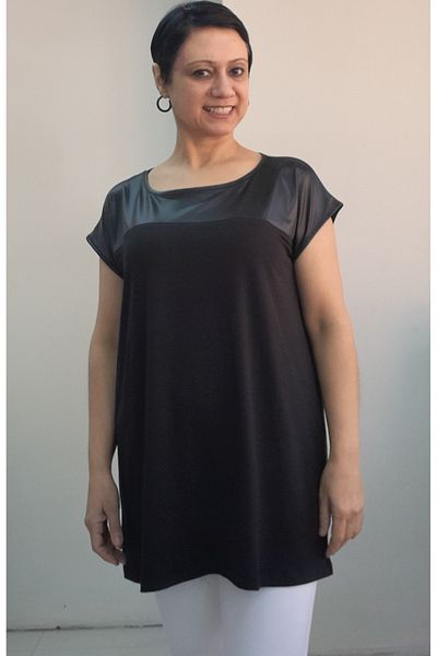 Mertcan Butik Black Front and Back Route Leather Look Combed Cotton Detailed Low Sleeve Combed Cotton Viscose T-Shirt