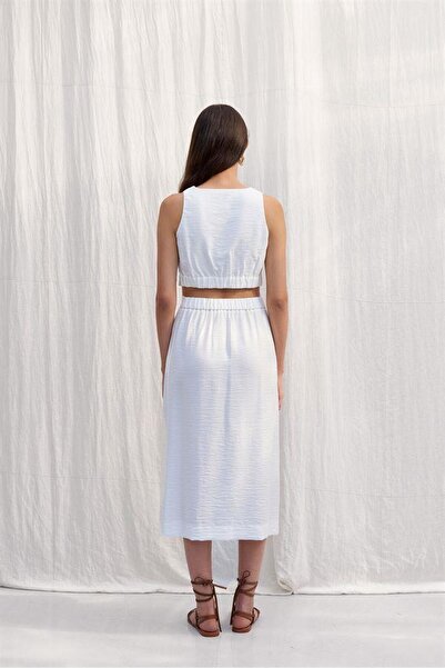 Naar High Waist White Skirt - Button Detail and Slit NAAR81512-EKRU