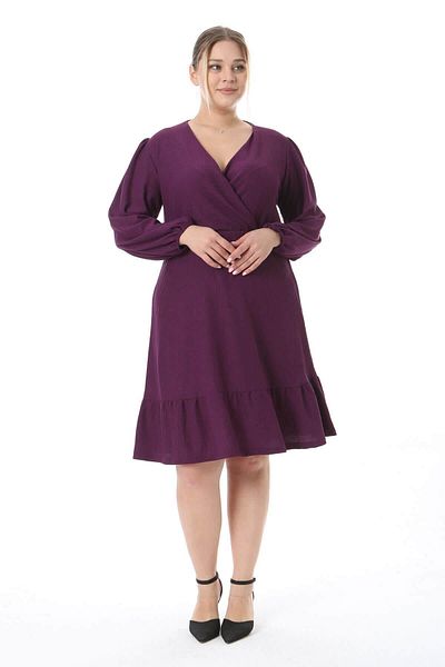 Mooi XXL Women's Purple Double Breasted Balloon Sleeve Plus Size Wrap Dress
