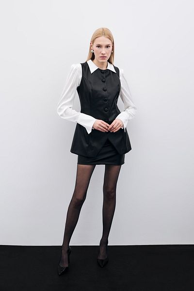 Sateen Long Leather Vest - Black