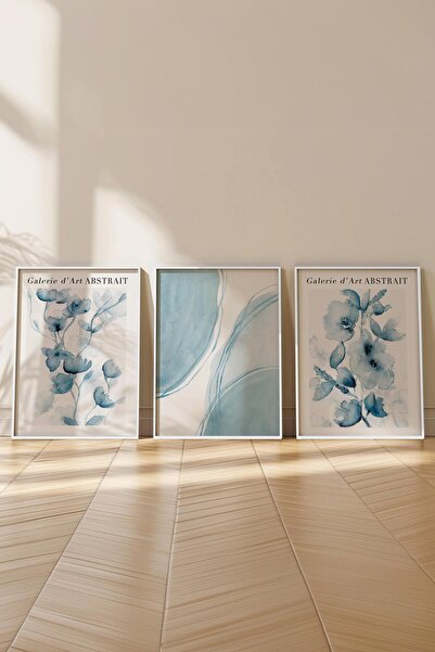 Postifull Beyaz Çerçeveli Tablo Seti, Soft Açık Mavi Duvar Tablosu, 3 Adet Poster Seti, No:300775