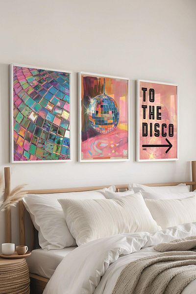 Postifull Set de pictură cu cadru alb, pictură murală Disco Ball Maximalist, set de 3 posteri, nr:300790