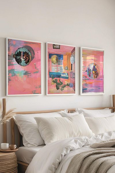 Postifull Set de pictură cu cadru alb, pictură murală Disco Ball Maximalist, set de 3 posteri, nr:300789