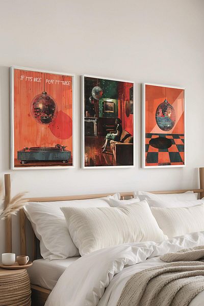 Postifull Set de pictură cu cadru alb, pictură murală maximalistă Disco Ball, set de 3 postere, nr:300791