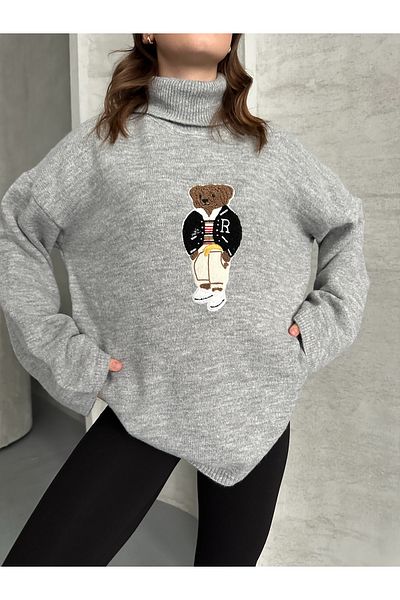 Elilook Women's Teddy Bear Teddy Bear Embroidered Turtleneck Knitwear Sweater