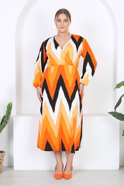 Mooi XXL Women's Orange Zigzag Pattern Double Breasted Collar Balloon Sleeve Maxi Length Wrap Dress