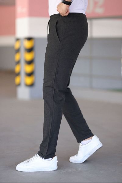 Bürke Men's Anthracite Color Elastic Waist Lace-Up Stretchy Fitted Jogger Pants Fabric Pants