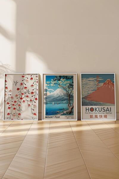 Postifull Beyaz Çerçeveli Tablo Seti, Hokusai Duvar Tablosu, 3 Adet Poster Seti, No:300777