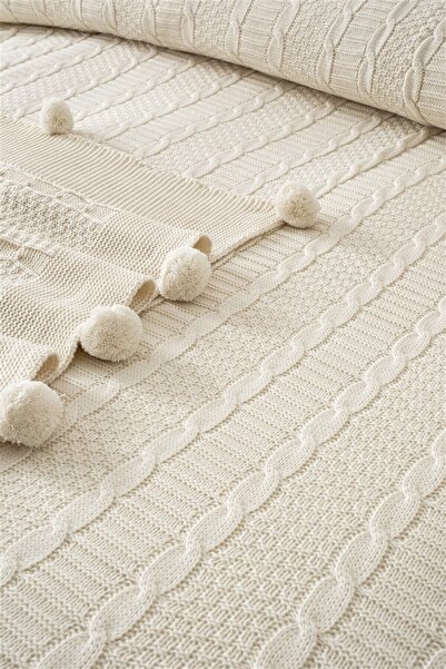 Sevim Комплект двойно плетени одеяла - 4 части и бродирано легло - Tivoli Rosetta - крем