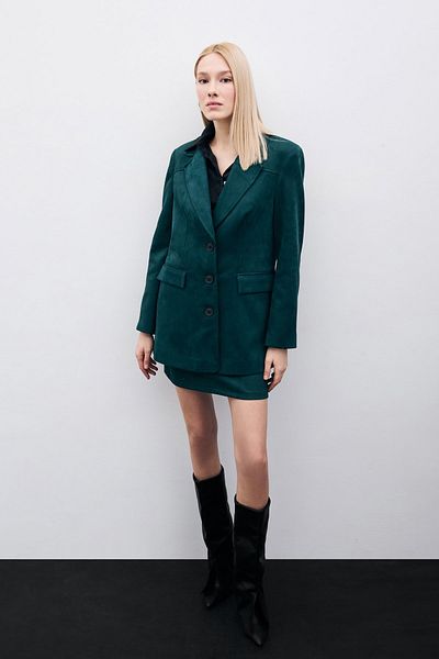Sateen Buttoned Suede Jacket - Emerald