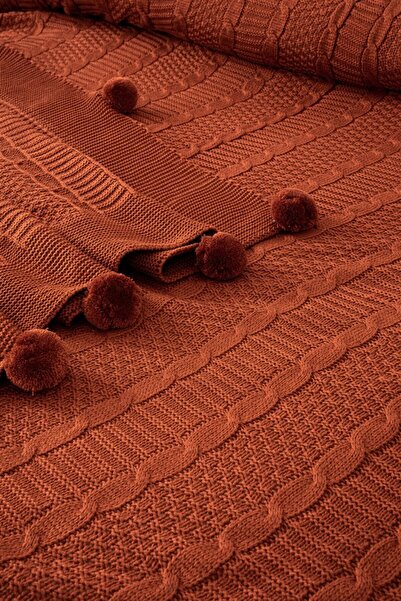 Sevim Triko Örme Battaniye Takımı - Çift Kişilik 4 Parça & Nakışlı Yatak Seti - Tivoli Rosetta - Terracota