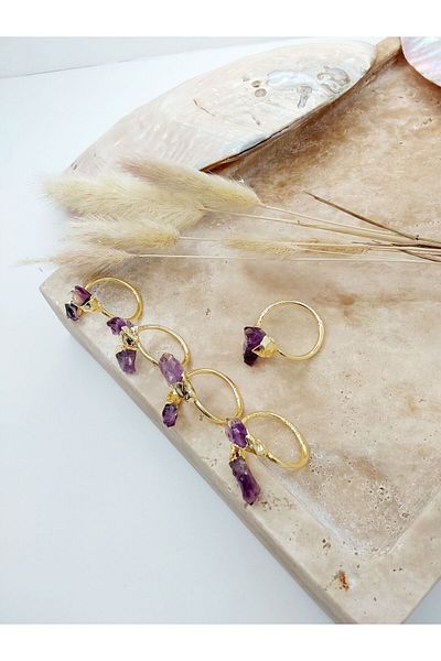 By Song Aksesuar Amethyst citrine natural stone ring