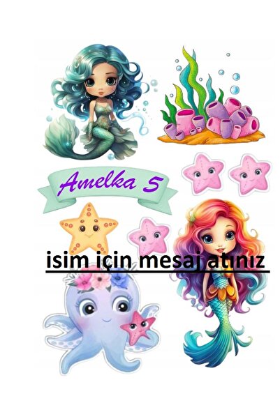 hediyehobihersey Yeni Model Deniz Kızı Şekerli Kağıda Baskı Yenilebilir Kağıt Pasta Baskısı (İSİM İÇİN MSJ ATINIZ)