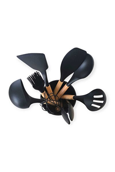 ARMESE 8 Piece Silicone Fireproof Non-Stick Heat Resistant Ladle Set with Stand Black