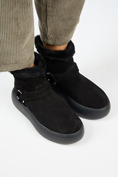 Manijero Caterina Kadın Hakiki Deri İçi Kürklü Kuşaklı Siyah Bot