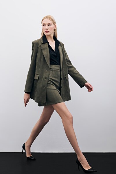 Sateen Kısa Süet Etek - Haki