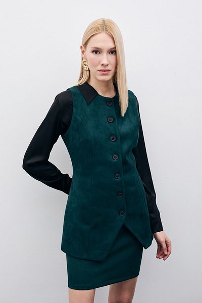 Sateen Buttoned Long Suede Vest - Emerald