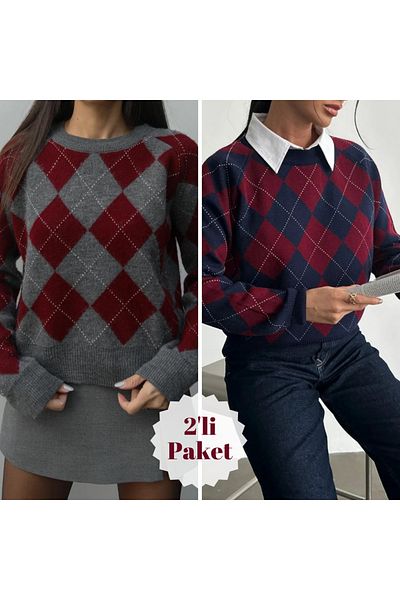 Souls Fruit Women's Standard Size Diamond Patterned Crew Neck Burgundy Navy Blue & Burgundy Gray Knitwear Sweater-Pack of 2