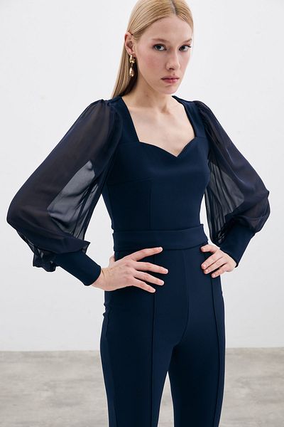Sateen Bluză Crop cu mânecă cu balon - ALBASTRU ÎNCHIS