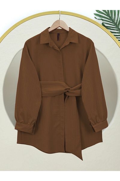 Modamorfo Fitted Crinkle Shirt with Tie Waist - Brown