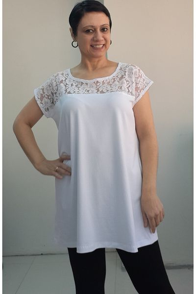 Mertcan Butik White Low-Sleeved Combed Cotton Viscose T-Shirt with Lace Detailed Front and Back