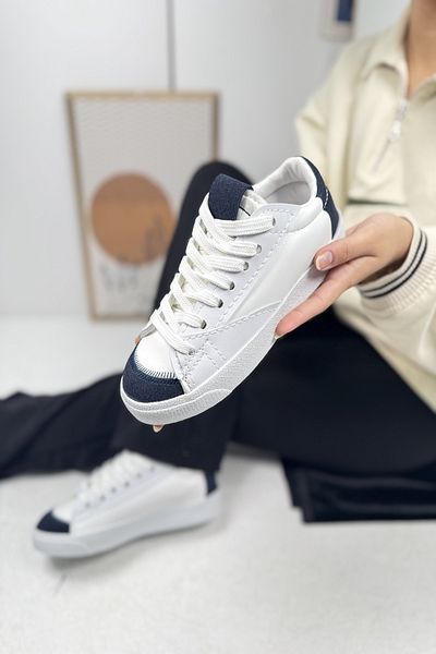 Nstil Pantofi de damă alb bleumarin - pantofi sport de mers cu șireturi și piele de căprioară 07