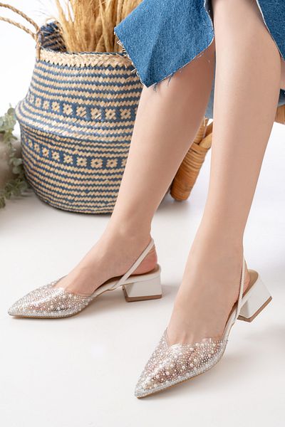 HERUS Women's Daily Comfortable Short Block Transparent Stone Detailed Heeled Shoes with Elastic Back