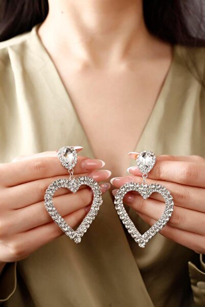 HUBANN Gümüş Renk Sallantılı Taşlı Büyük Kalp Küpe Su Yolu Kalp Küpe Işıltılı Gümüş Kaplama Kalpli Küpe