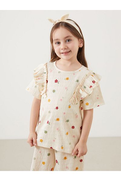 LC Waikiki Lcw Kids Ecru Crew Neck Floral Girl's Blouse and Pants 2-Piece
