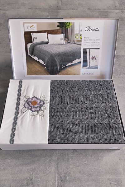 Sevim Knitwear Knitted Embroidered Double Blanket Set - Dowry 4 Piece Bedding Set - Tivoli Rosetta - Gray