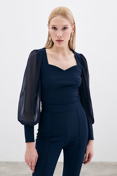 Sateen Bluză Crop cu mânecă cu balon - ALBASTRU ÎNCHIS