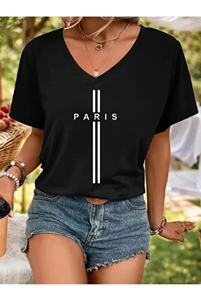 WOODROFFE Tricou de damă oversize cu decolteu în V cu imprimeu negru