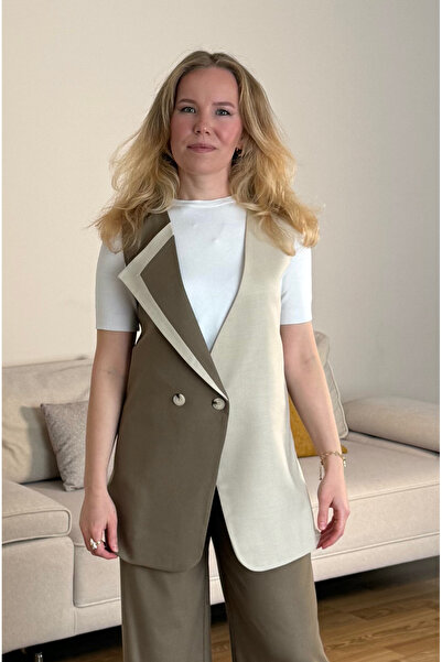 Byelmira Women's Double Color Office Vest Khaki Cream