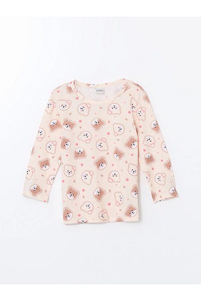 LC Waikiki Σετ πιτζάμες για κορίτσια με στάμπα LCW Kids Ecru Crew Neck