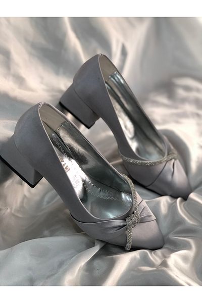 Hg Ayakkabı Nelly Silver Satin Stone Ribbon 4 cm Heel Shoes