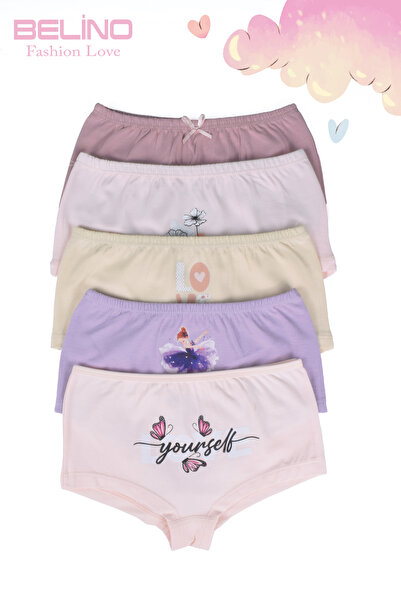 BELİNOPLUS Penye Likralı 5 Li Paket Çok Renkli Baskılı Kız Çocuk Short Boxer