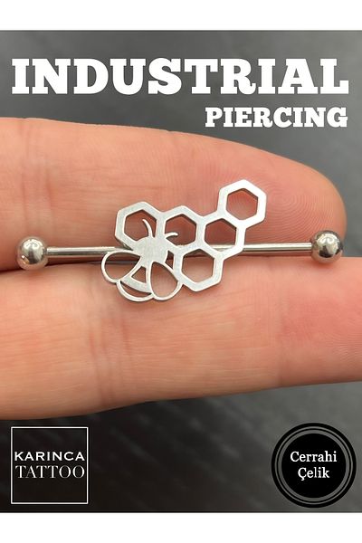 Karınca Piercing Silver Color Bee Honeycomb Patterned Ear Industrial Bridge Piercing (Ant Tattoo)