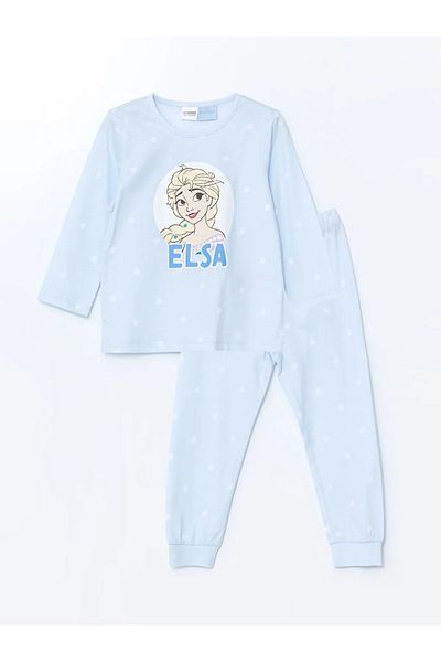LC Waikiki Set de pijamale pentru fetiță, cu mânecă lungă, cu decolteu, albastru, cu imprimeu Elsa