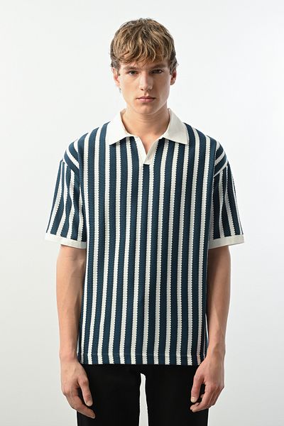 İLKCET MODA Ανδρικό μπλουζάκι Oversize με ριγέ V λαιμόκοψη