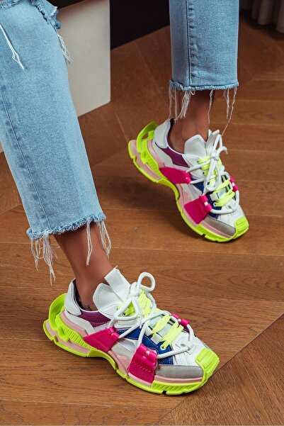 NİŞANTAŞI SHOES Oslo neonzöld fukszia matt csipke részletes, vastag talpú női sportcipő