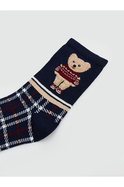 LC Waikiki Lcw Dream Navy Blue Bear Teddy Printed Women's Socks
