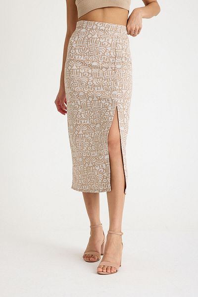 Thestiluxe Beige Organic Linen Special Design Trendy Slit Woven Skirt