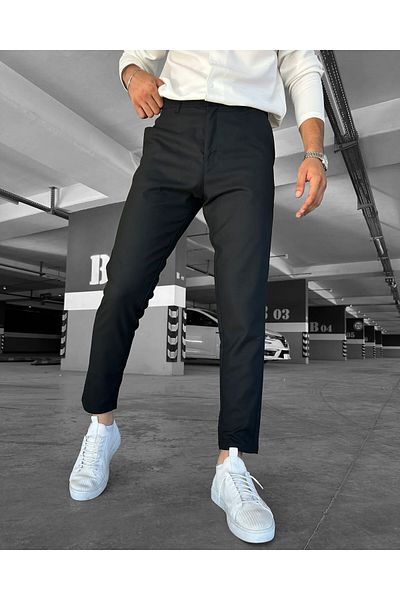 NO1 KONSEPT Black Italian Cut Stretchy Lycra Ankle Length Fabric Trousers