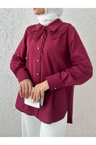 Modamorfo Cămașă cu nasturi lungi la spate cu detaliu guler - Burgundy