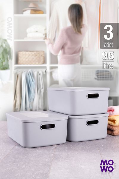 Mowo Home 9.5 Lt Grey Retro Box - Multi-Purpose Organizer Storage Box with Lid, Organizer